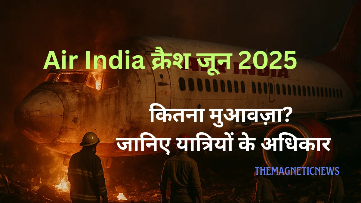 Air India विमान दुर्घटना 2025 पर आधारित फीचर्ड इमेज जिसमें मुआवज़े की जानकारी और यात्रियों के अधिकार दर्शाए गए हैं।"