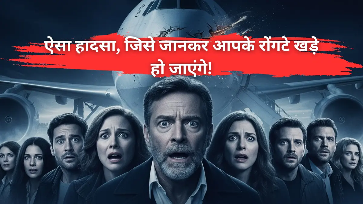 डर और हैरानी से भरे यात्रियों के साथ एक फटा हुआ विमान, जो एक भयानक विमान हादसे की सच्चाई को दर्शाता है। ऐसा हादसा जिसे जानकर आपके रोंगटे खड़े हो जाएंगे।"