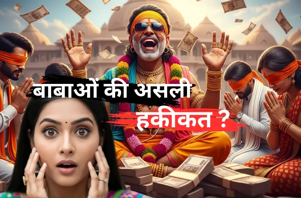 धन के बीच बैठा एक नकली बाबा और आंखों पर पट्टी बांधे भक्त, आस्था के नाम पर अंधभक्ति दिखाते हुए"
