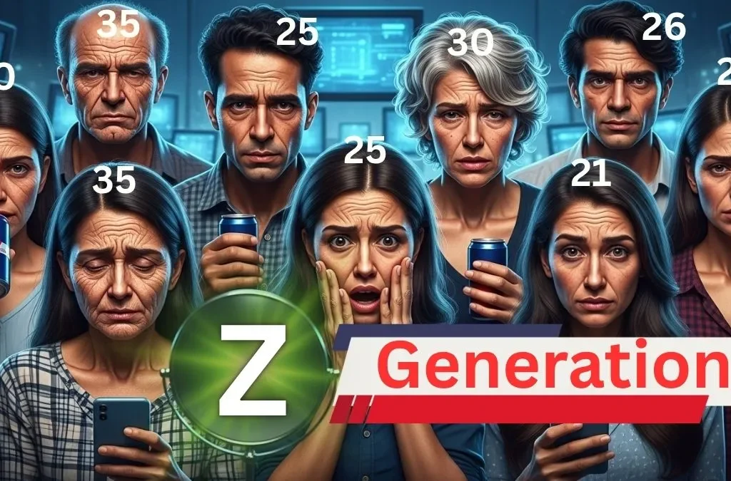 25 से 30 साल की उम्र के Gen Z युवाओं की एक तस्वीर, जो समय से पहले बूढ़े दिख रहे हैं सफेद बाल, झुर्रियां, थका हुआ चेहरा और डार्क सर्कल्स।