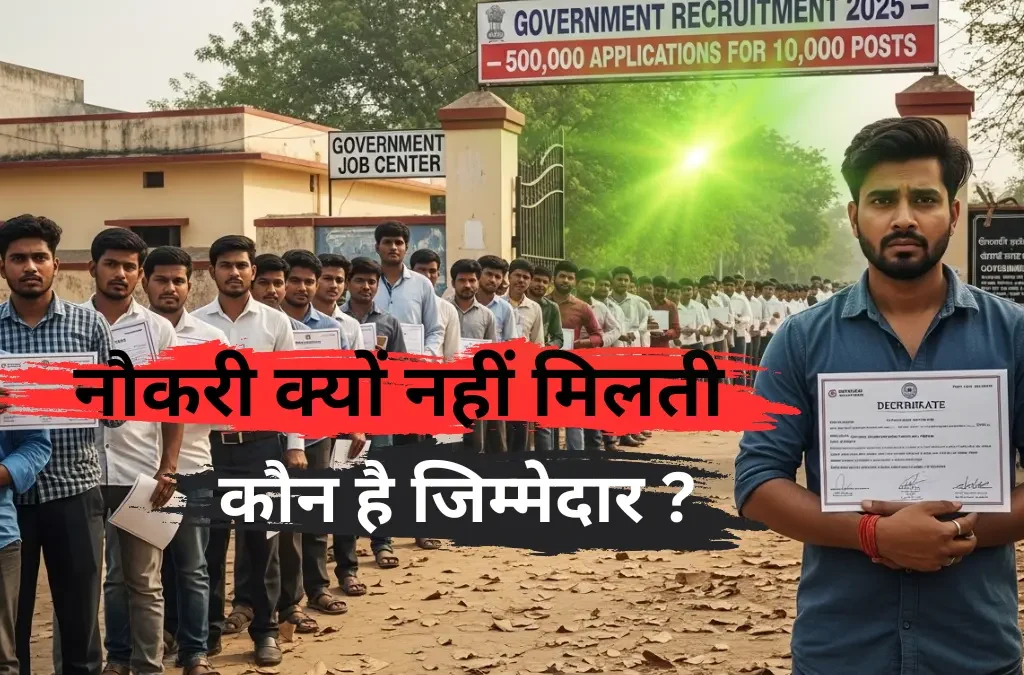 A young Indian man holding a certificate standing in a long line of job seekers outside a government job center during 2025 recruitment for 10,000 posts with 500,000 applicants