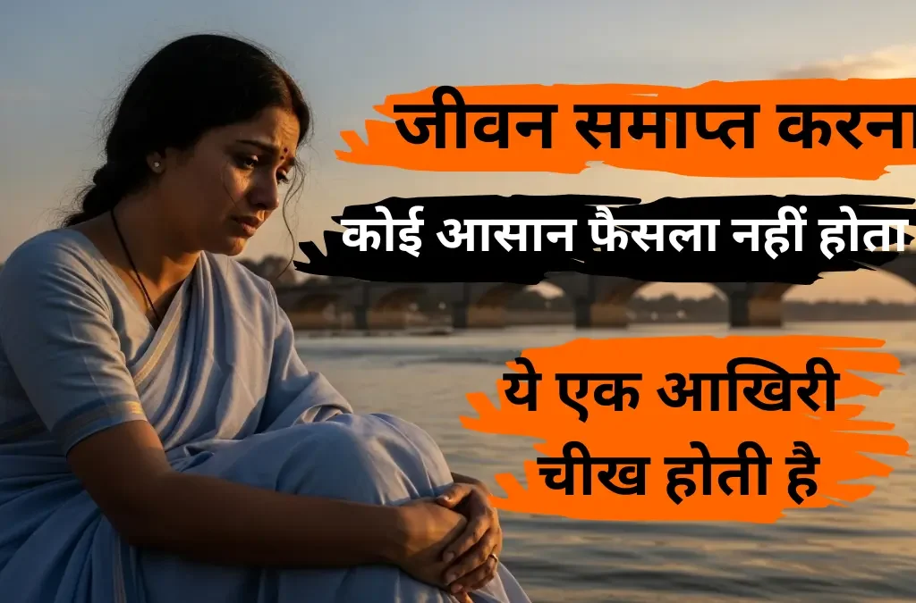 suicidal thoughts एक दुखी महिला नदी किनारे बैठी है, पोस्टर पर लिखा है – जीवन समाप्त करना कोई आसान फैसला नहीं होता, ये एक आखिरी चीख होती है"